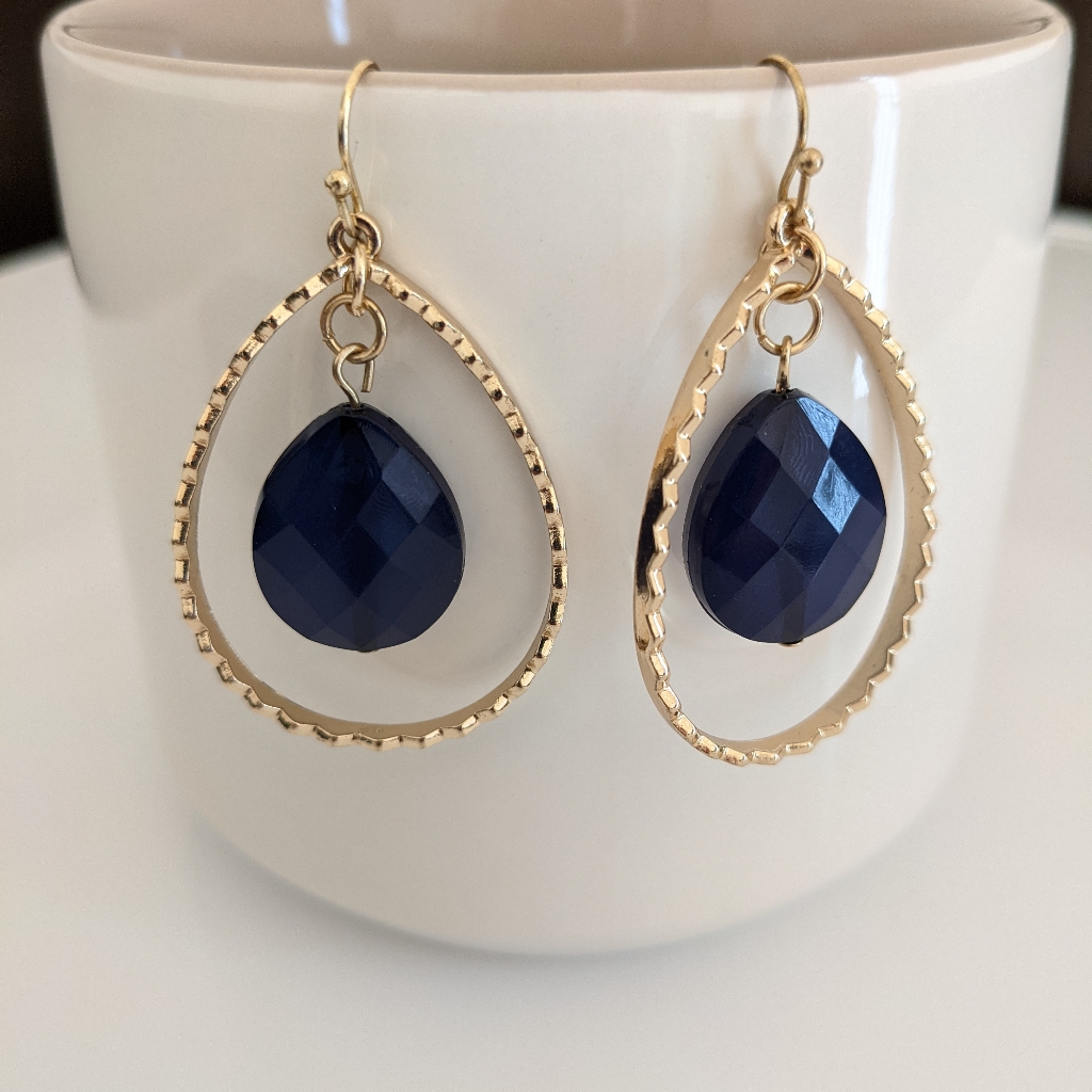 Dark Blue Teardrop Hoop Earrings.